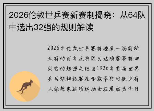 2026伦敦世乒赛新赛制揭晓：从64队中选出32强的规则解读